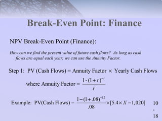 10 
- 
18 
Break-Even Point: Finance 
NPV Break-Even Point (Finance): 
How can we find the present value of future cash flows? As long as cash 
flows are equal each year, we can use the Annuity Factor. 
Step 1: PV (Cash Flows) = Annuity Factor Yearly Cash Flows 
r t 
r 
where Annuity Factor = 1- (1 ) 
- 
´ 
+ 
- + - ´ ´ - 
1 (1 .08) 12 Example: PV(Cash Flows) = [5.4 1,020] 
.08 
X 
 
