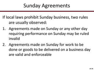 Sunday Agreements
If local laws prohibit Sunday business, two rules
are usually observed:
1. Agreements made on Sunday or any other day
requiring performance on Sunday may be ruled
invalid
2. Agreements made on Sunday for work to be
done or goods to be delivered on a business day
are valid and enforceable

10-30

 