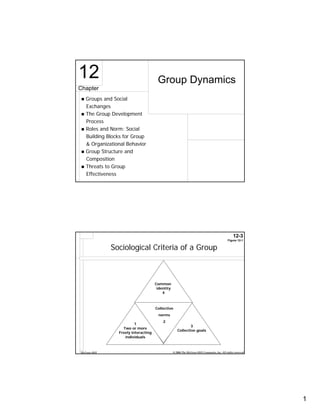 12                                    Group Dynamics
Chapter
   Groups and Social
   Exchanges
   The Group Development
   Process
   Roles and Norm: Social
   Building Blocks for Group
   & Organizational Behavior
   Group Structure and
   Composition
   Threats to Group
   Effectiveness




                                                                                                  12-3
                                                                                              Figure 12-1

              Sociological Criteria of a Group



                                     Common
                                      identity
                                         4



                                     Collective
                                       norms
                                         2
                         1
                                                            3
                  Two or more
                                                    Collective goals
                Freely interacting
                   individuals



McGraw-Hill                                      © 2004 The McGraw-Hill Companies, Inc. All rights reserved.




                                                                                                               1
 