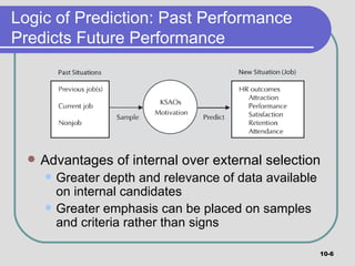 Logic of Prediction: Past Performance Predicts Future Performance Advantages of internal over external selection Greater depth and relevance of data available on internal candidates Greater emphasis can be placed on samples and criteria rather than signs 10- 