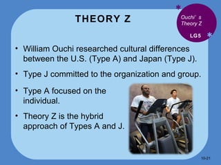 THEORY Z * * William Ouchi researched cultural differences between the U.S. (Type A) and Japan (Type J). Type J committed to the organization and group. LG5 Ouchi’s Theory Z Type A focused on the individual. Theory Z is the hybrid approach of Types A and J. 10- 