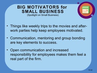 BIG MOTIVATORS for  SMALL BUSINESS (Spotlight on Small Business) * * Things like weekly trips to the movies and after-work parties help keep employees motivated. Communication, mentoring and group bonding are key elements to success. Open communication and increased responsibility for employees makes them feel a real part of the firm. 10- 