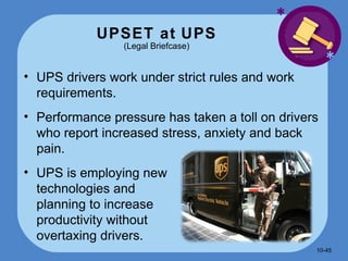 UPSET at UPS (Legal Briefcase) * * UPS drivers work under strict rules and work requirements. Performance pressure has taken a toll on drivers who report increased stress, anxiety and back pain. UPS is employing new technologies and planning to increase productivity without overtaxing drivers. 10- 