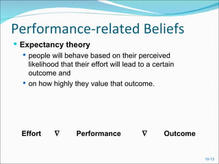 Performance-related Beliefs
 Expectancy theory
    people will behave based on their perceived
     likelihood that their effort will lead to a certain
     outcome and
    on how highly they value that outcome.




  Effort      ∇      Performance            ∇       Outcome


                                                              10-13
 