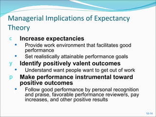 Managerial Implications of Expectancy
Theory
c       Increase expectancies
        Provide work environment that facilitates good
         performance
        Set realistically attainable performance goals
y       Identify positively valent outcomes
        Understand want people want to get out of work
p       Make performance instrumental toward
        positive outcomes
        Follow good performance by personal recognition
         and praise, favorable performance reviewers, pay
         increases, and other positive results

                                                            10-14
 
