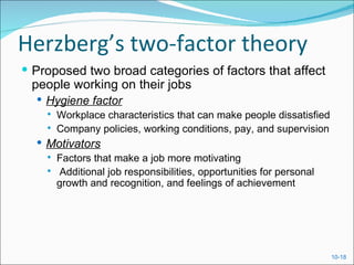 Herzberg’s two-factor theory
 Proposed two broad categories of factors that affect
 people working on their jobs
   Hygiene factor
     Workplace characteristics that can make people dissatisfied
     Company policies, working conditions, pay, and supervision

   Motivators
       Factors that make a job more motivating
        Additional job responsibilities, opportunities for personal
        growth and recognition, and feelings of achievement




                                                                       10-18
 