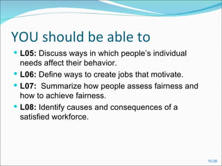 YOU should be able to
 L05: Discuss ways in which people’s individual
  needs affect their behavior.
 L06: Define ways to create jobs that motivate.
 L07: Summarize how people assess fairness and
  how to achieve fairness.
 L08: Identify causes and consequences of a
  satisfied workforce.




                                                   10-26
 