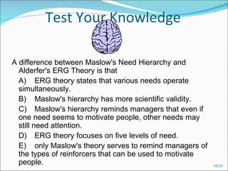 Test Your Knowledge

A difference between Maslow's Need Hierarchy and
  Alderfer's ERG Theory is that
  A) ERG theory states that various needs operate
  simultaneously.
  B) Maslow's hierarchy has more scientific validity.
  C) Maslow's hierarchy reminds managers that even if
  one need seems to motivate people, other needs may
  still need attention.
  D) ERG theory focuses on five levels of need.
  E) only Maslow's theory serves to remind managers of
  the types of reinforcers that can be used to motivate
  people.                                                 10-31
 