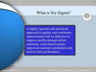 What is Six-Sigma? A highly rigorous and analytical approach to quality and continuous improvement with an objective to improve profits through deficit reduction, yield improvement, improved customer satisfaction and best-in-class performance 