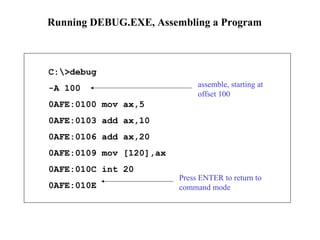 Running DEBUG.EXE, Assembling a Program 
C:>debug 
-A 100 
0AFE:0100 mov ax,5 
0AFE:0103 add ax,10 
0AFE:0106 add ax,20 
0...