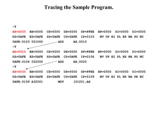 Tracing the Sample Program. 
-T 
AX=0005 BX=0000 CX=0000 DX=0000 SP=FFEE BP=0000 SI=0000 DI=0000 
DS=0AFE ES=0AFE SS=0AFE ...