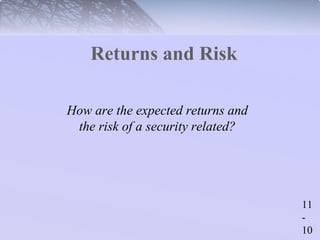 11 
- 
10 
Returns and Risk 
How are the expected returns and 
the risk of a security related? 
 