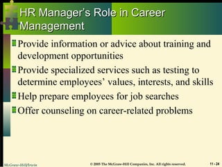 McGraw-Hill/Irwin © 2005 The McGraw-Hill Companies, Inc. All rights reserved. 11 - 24
HR Manager’s Role in CareerHR Manager’s Role in Career
ManagementManagement
Provide information or advice about training and
development opportunities
Provide specialized services such as testing to
determine employees’ values, interests, and skills
Help prepare employees for job searches
Offer counseling on career-related problems
 