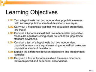 Learning Objectives
LO1 Test a hypothesis that two independent population means
with known population standard deviations are equal.
LO2 Carry out a hypothesis test that two population proportions
are equal.
LO3 Conduct a hypothesis test that two independent population
means are equal assuming equal but unknown population
standard deviations.
LO4 Conduct a test of a hypothesis that two independent
population means are equal assuming unequal but unknown
population standard deviations.
LO5 Explain the difference between dependent and independent
samples.
LO6 Carry out a test of hypothesis about the mean difference
between paired and dependent observations.
11-2
 