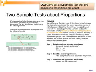 Two-Sample Tests about Proportions
We investigate whether two samples came from
populations with an equal proportion of
successes. The two samples are pooled using
the following formula.
The value of the test statistic is computed from
the following formula.
EXAMPLE
Manelli Perfume Company recently developed a new fragrance
that it plans to market under the name Heavenly. A number of
market studies indicate that Heavenly has very good market
potential. The Sales Department at Manelli is particularly
interested in whether there is a difference in the proportions
of younger and older women who would purchase Heavenly if
it were marketed. Samples are collected from each of these
independent groups. Each sampled woman was asked to smell
Heavenly and indicate whether she likes the fragrance well
enough to purchase a bottle.
Step 1: State the null and alternate hypotheses.
(keyword: “there is a difference”)
H0: 1 =  2
H1:  1 ≠  2
Step 2: Select the level of significance.
The .05 significance level is stated in the problem.
Step 3: Determine the appropriate test statistic.
We will use the z-distribution
LO2 Carry out a hypothesis test that two
population proportions are equal.
11-6
 