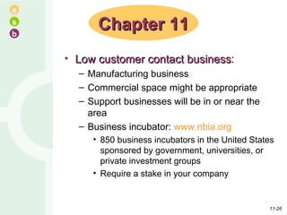 Low customer contact business : Manufacturing business Commercial space might be appropriate Support businesses will be in or near the area Business incubator:  www.nbia.org 850 business incubators in the United States sponsored by government, universities, or private investment groups Require a stake in your company Chapter 11 11- 
