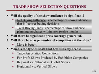 TRADE SHOW SELECTION QUESTIONS

•   Will the quality of the show audience be significant?
    • Net Buying Influence is percentage of show audience
        that influences buying decisions
    • Total Buying Plans is percentage of show audience
        planning purchases within next twelve months
•   Will there be significant press coverage generated?
•   Will there be a large number of competitors at the show?
    • More is better.
•   What is the type of show that best suits my needs?
    • Trade Association Conventions
    • For-Profit Shows Produced by Exhibition Companies
    • Regional vs. National vs. Global Shows
    • Horizontal vs. Vertical Shows
                                                               11-14
 