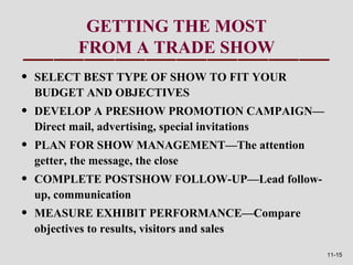GETTING THE MOST
          FROM A TRADE SHOW
•   SELECT BEST TYPE OF SHOW TO FIT YOUR
    BUDGET AND OBJECTIVES
•   DEVELOP A PRESHOW PROMOTION CAMPAIGN—
    Direct mail, advertising, special invitations
•   PLAN FOR SHOW MANAGEMENT—The attention
    getter, the message, the close
•   COMPLETE POSTSHOW FOLLOW-UP—Lead follow-
    up, communication
•   MEASURE EXHIBIT PERFORMANCE—Compare
    objectives to results, visitors and sales

                                                    11-15
 