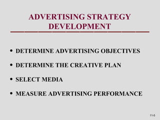 ADVERTISING STRATEGY
       DEVELOPMENT


• DETERMINE ADVERTISING OBJECTIVES
• DETERMINE THE CREATIVE PLAN
• SELECT MEDIA
• MEASURE ADVERTISING PERFORMANCE

                                     11-5
 