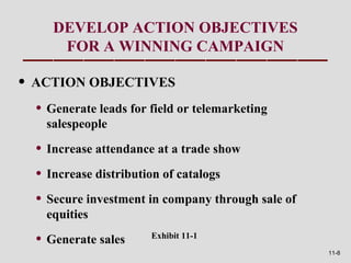 DEVELOP ACTION OBJECTIVES
      FOR A WINNING CAMPAIGN

• ACTION OBJECTIVES
  • Generate leads for field or telemarketing
    salespeople

  • Increase attendance at a trade show
  • Increase distribution of catalogs
  • Secure investment in company through sale of
    equities

  • Generate sales     Exhibit 11-1
                                                   11-8
 