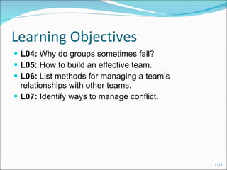 Learning Objectives L04:  Why do groups sometimes fail? L05:  How to build an effective team. L06:  List methods for managing a team’s relationships with other teams. L07:  Identify ways to manage conflict. 