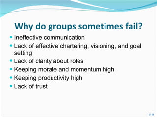 Why do groups sometimes fail? Ineffective communication Lack of effective chartering, visioning, and goal setting Lack of clarity about roles Keeping morale and momentum high Keeping productivity high Lack of trust 