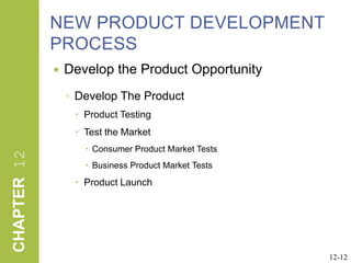NEW PRODUCT DEVELOPMENT PROCESS Develop the Product OpportunityDevelop The ProductProduct TestingTest the MarketConsumer Product Market Tests Business Product Market TestsProduct Launch12-12