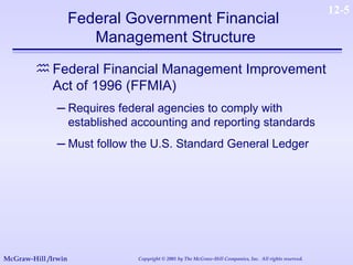 Federal Financial Management Improvement Act of 1996 (FFMIA) Requires federal agencies to comply with established accounting and reporting standards Must follow the U.S. Standard General Ledger Federal Government Financial  Management Structure 