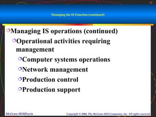 15



                    Managing the IS Function (continued)



Managing   IS operations (continued)
   Operational activities requiring

    management
    Computer systems operations

    Network management

    Production control

    Production support




McGraw-Hill/Irwin             Copyright © 2004, The McGraw-Hill Companies, Inc. All rights reserved.
 