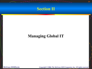 24



                        Section II




                    Managing Global IT




McGraw-Hill/Irwin        Copyright © 2004, The McGraw-Hill Companies, Inc. All rights reserved.
 