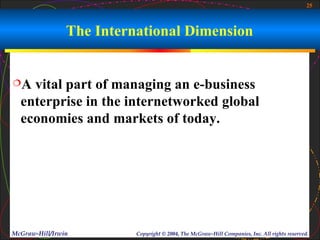 25



                The International Dimension


A  vital part of managing an e-business
  enterprise in the internetworked global
  economies and markets of today.




McGraw-Hill/Irwin         Copyright © 2004, The McGraw-Hill Companies, Inc. All rights reserved.
 