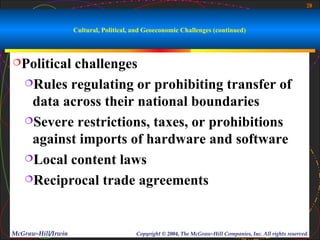 28



                    Cultural, Political, and Geoeconomic Challenges (continued)



Political challenges
   Rules regulating or prohibiting transfer of

    data across their national boundaries
   Severe restrictions, taxes, or prohibitions

    against imports of hardware and software
   Local content laws

   Reciprocal trade agreements




McGraw-Hill/Irwin                        Copyright © 2004, The McGraw-Hill Companies, Inc. All rights reserved.
 