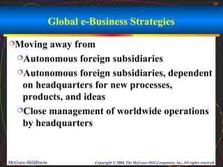 30



                    Global e-Business Strategies
Moving   away from
   Autonomous foreign subsidiaries

   Autonomous foreign subsidiaries, dependent

    on headquarters for new processes,
    products, and ideas
   Close management of worldwide operations

    by headquarters


McGraw-Hill/Irwin             Copyright © 2004, The McGraw-Hill Companies, Inc. All rights reserved.
 