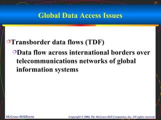 35



                    Global Data Access Issues


Transborder   data flows (TDF)
   Data flow across international borders over

    telecommunications networks of global
    information systems




McGraw-Hill/Irwin            Copyright © 2004, The McGraw-Hill Companies, Inc. All rights reserved.
 