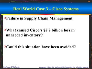 54



          Real World Case 3 – Cisco Systems
Failure            in Supply Chain Management

What  caused Cisco’s $2.2 billion loss in
  unneeded inventory?

Could         this situation have been avoided?



McGraw-Hill/Irwin            Copyright © 2004, The McGraw-Hill Companies, Inc. All rights reserved.
 