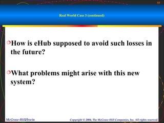 55



                    Real World Case 3 (continued)




How    is eHub supposed to avoid such losses in
  the future?

What   problems might arise with this new
  system?




McGraw-Hill/Irwin         Copyright © 2004, The McGraw-Hill Companies, Inc. All rights reserved.
 