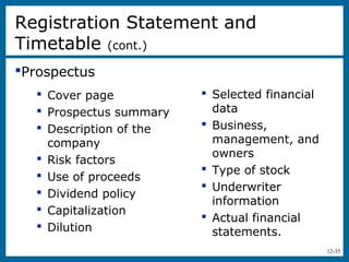 12-35
 Cover page
 Prospectus summary
 Description of the
company
 Risk factors
 Use of proceeds
 Dividend policy
 Capitalization
 Dilution
 Selected financial
data
 Business,
management, and
owners
 Type of stock
 Underwriter
information
 Actual financial
statements.
Registration Statement and
Timetable (cont.)
Prospectus
 