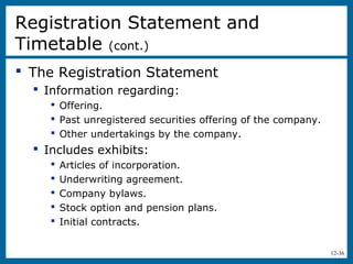 12-36
 The Registration Statement
 Information regarding:
 Offering.
 Past unregistered securities offering of the company.
 Other undertakings by the company.
 Includes exhibits:
 Articles of incorporation.
 Underwriting agreement.
 Company bylaws.
 Stock option and pension plans.
 Initial contracts.
Registration Statement and
Timetable (cont.)
 