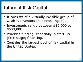 12-5
Informal Risk Capital
 It consists of a virtually invisible group of
wealthy investors (business angels).
 Investments range between $10,000 to
$500,000.
 Provides funding, especially in start-up
(first-stage) financing.
 Contains the largest pool of risk capital in
the United States.
 