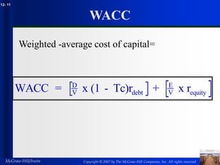 Copyright © 2007 by The McGraw-Hill Companies, Inc. All rights reserved
McGraw-Hill/Irwin
12- 11
WACC
Weighted -average cost of capital=
[ ] [ ]
WACC = x (1 - Tc)r + x r
D
V debt
E
V equity
 