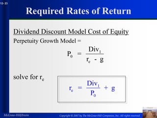 Copyright © 2007 by The McGraw-Hill Companies, Inc. All rights reserved
McGraw-Hill/Irwin
12- 23
Required Rates of Return
Dividend Discount Model Cost of Equity
Perpetuity Growth Model =
solve for re
P =
Div
r - g
0
1
e
r =
Div
P
+ g
e
1
0
 