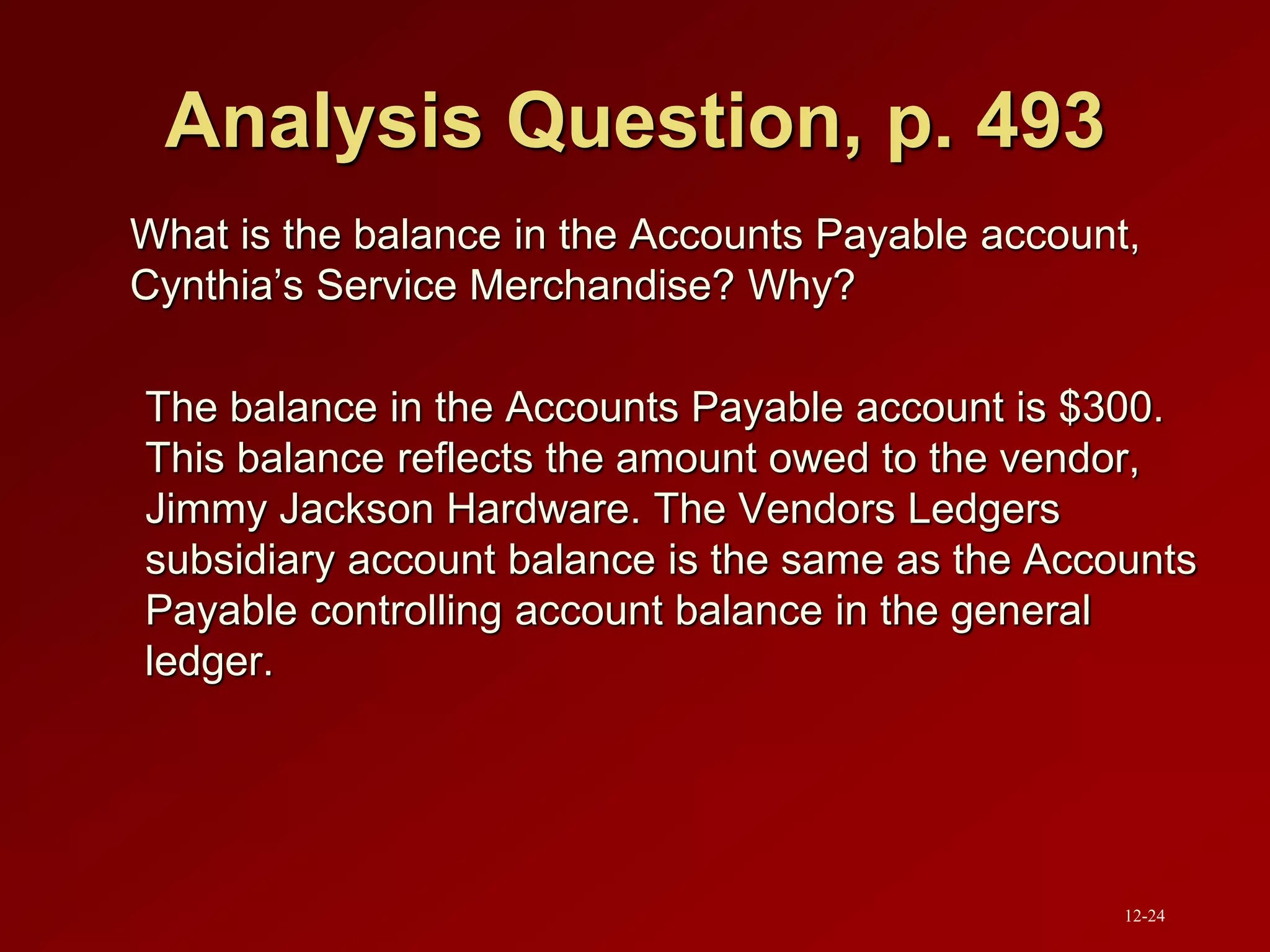 Analysis Question, p. 493
What is the balance in the Accounts Payable account,
Cynthia’s Service Merchandise? Why?
The balance in the Accounts Payable account is $300.
This balance reflects the amount owed to the vendor,
Jimmy Jackson Hardware. The Vendors Ledgers
subsidiary account balance is the same as the Accounts
Payable controlling account balance in the general
ledger.
12-24
 