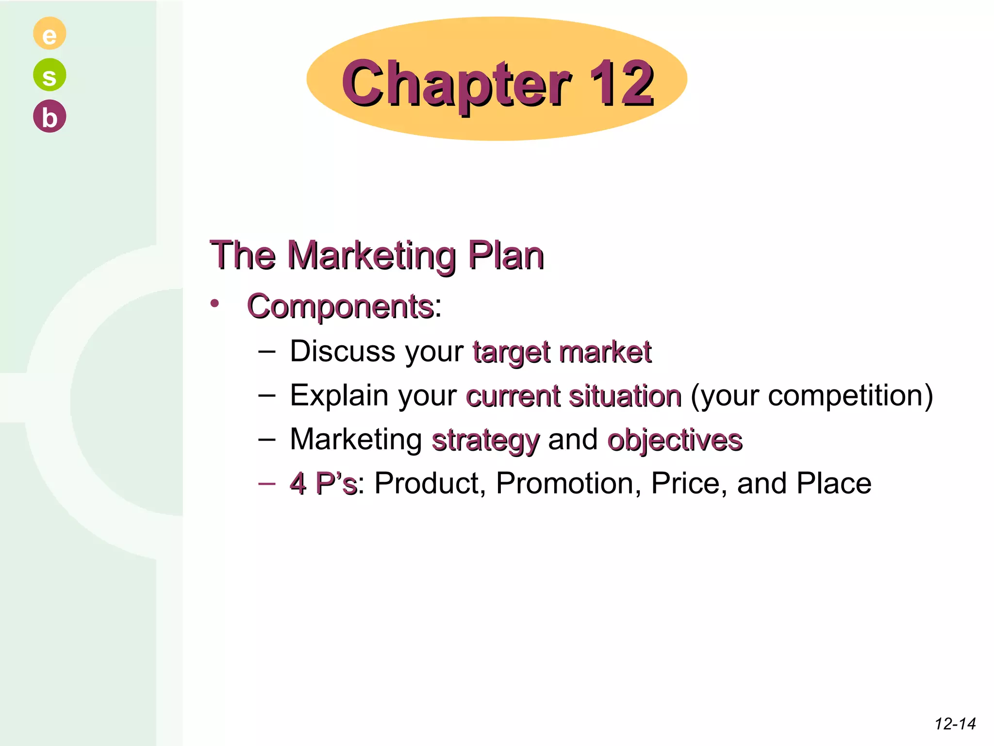 The Marketing Plan Components : Discuss your  target market Explain your  current situation  (your competition) Marketing  strategy  and  objectives 4 P’s : Product, Promotion, Price, and Place Chapter 12 12- 