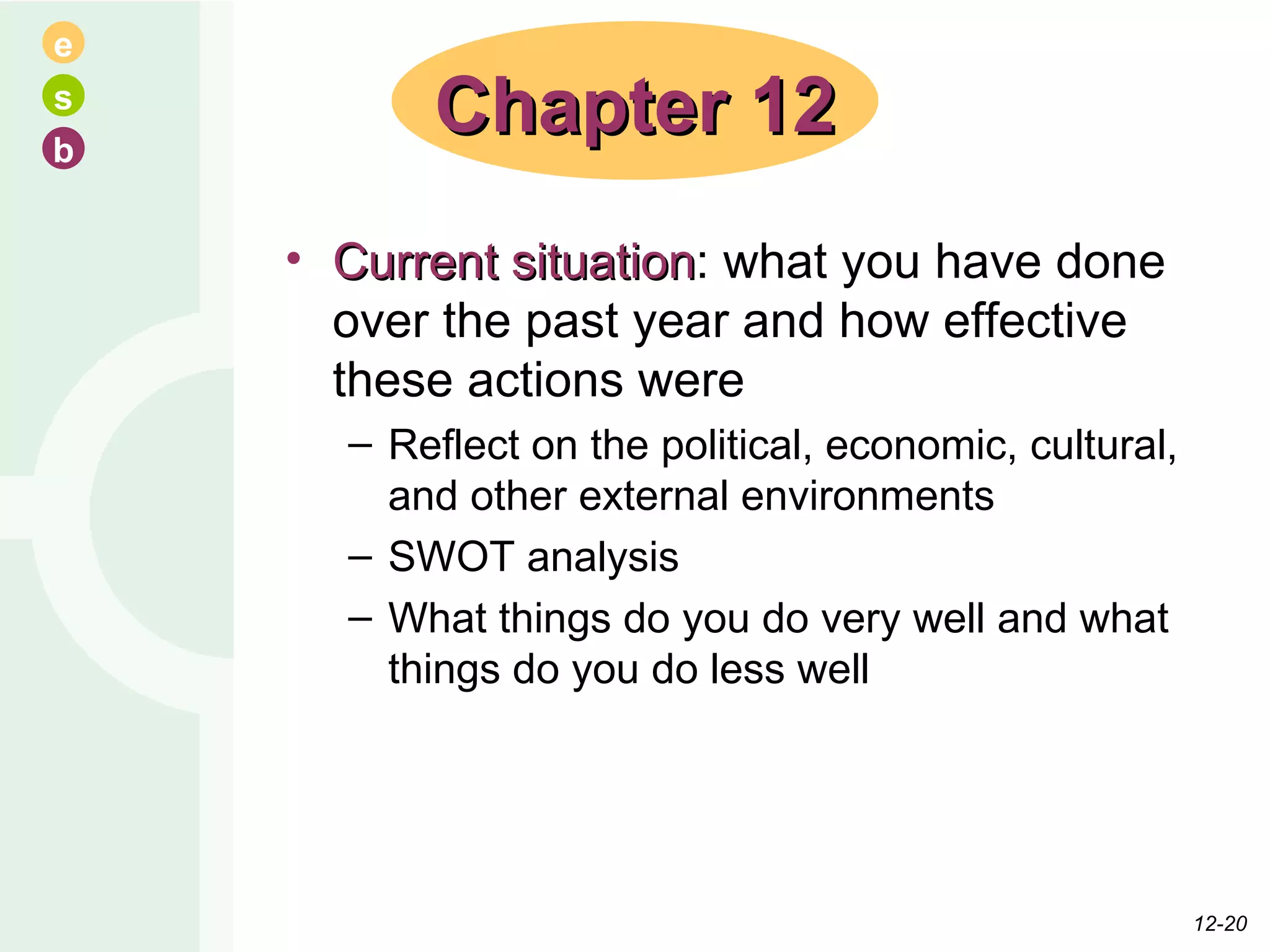 Current situation : what you have done over the past year and how effective these actions were Reflect on the political, economic, cultural, and other external environments SWOT analysis What things do you do very well and what things do you do less well Chapter 12 12- 