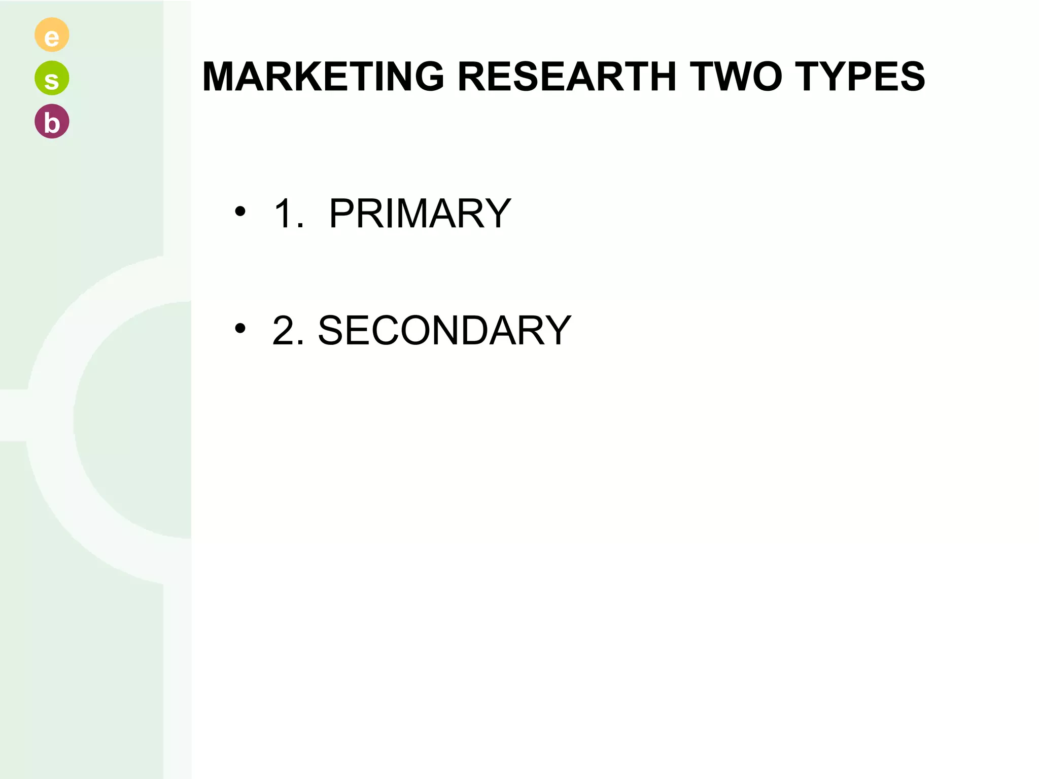 MARKETING RESEARTH TWO TYPES 1.  PRIMARY 2. SECONDARY 