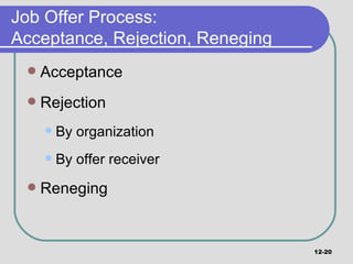 Job Offer Process: Acceptance, Rejection, Reneging  Acceptance Rejection By organization By offer receiver Reneging 12- 