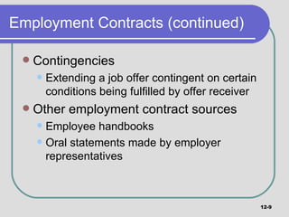 Employment Contracts (continued) Contingencies Extending a job offer contingent on certain conditions being fulfilled by offer receiver Other employment contract sources Employee handbooks Oral statements made by employer representatives 12- 