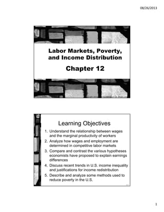 08/26/2013
1
Chapter 12
Labor Markets, Poverty,
and Income Distribution
Copyright © 2013 by The McGraw-Hill Companies, Inc. All rights reserved.McGraw-Hill/Irwin
12-2
Learning Objectives
1. Understand the relationship between wages
and the marginal productivity of workers
2. Analyze how wages and employment are
determined in competitive labor markets
3. Compare and contrast the various hypotheses
economists have proposed to explain earnings
differences
4. Discuss recent trends in U.S. income inequality
and justifications for income redistribution
5. Describe and analyze some methods used to
reduce poverty in the U.S.
 