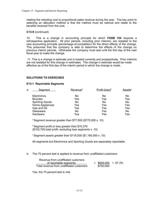 Chapter 13 - Segment and Interim Reporting

relating the retooling cost to proportional sales revenue during the year. The key point to
selecting an allocation method is that the method must be rational and relate to the
benefits received from the cost. .
C13-9 (continued)
10.
This is a change in accounting principle for which FASB 154 requires a
retrospective application. All prior periods, including prior interims, are restated to the
new accounting principle (percentage-of-completion) for the direct effects of the change.
This presumes that the company is able to determine the effects of the change on
previous interim periods. Otherwise the company must wait until the first day of the next
fiscal year to make the change.
11. This is a change in estimate and is treated currently and prospectively. Prior interims
are not restated for this change in estimates. The change in estimate would be made
effective as of the first day of the interim period in which the change is made.

SOLUTIONS TO EXERCISES
E13-1 Reportable Segments
a.

Segment

Revenuea

Profit (loss)b

Assetsc

No
Yes
No
Yes
Yes
No
Yes

No
Yes
No
Yes
Yes
Yes
Yes

No
Yes
No
Yes
Yes
No
Yes

Electronics
Bicycles
Sporting Goods
Home Appliances
Gas and Oil
Glassware
Hardware
a

Segment revenue greater than $77,500 ($775,000 x .10)

b

Segment profit or loss greater than $10,370
($103,700 total profit, excluding loss segments x .10)
c

Segment assets greater than $118,500 ($1,185,000 x .10)

All segments but Electronics and Sporting Goods are separately reportable.

b.

The 75 percent test is applied to revenue from unaffiliated customers.
Revenue from unaffiliated customers
of reportable segments
Total revenue from unaffiliated customers
Yes, the 75 percent test is met.

13-12

= $655,000 = 87.3%
$750,000

 