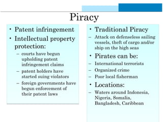 13-9
Piracy
• Patent infringement
• Intellectual property
protection:
– courts have begun
upholding patent
infringement cl...
